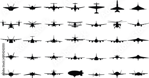 Silhouettes of diverse aircraft including jets, airplanes, helicopters, biplanes, and blimp, viewed from front in vector design