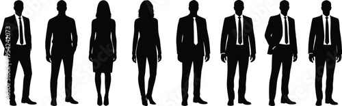 Silhouettes of diverse business professionals in suits and dresses, standing side by side, symbolizing workplace diversity and representation