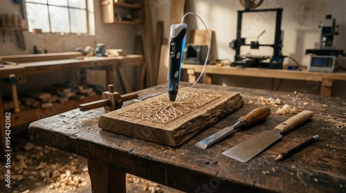 A glowing 3D printing pen draws an intricate filigree structural support onto real oak wood beside traditional woodworking tools in a dusty sun-dappled workshop