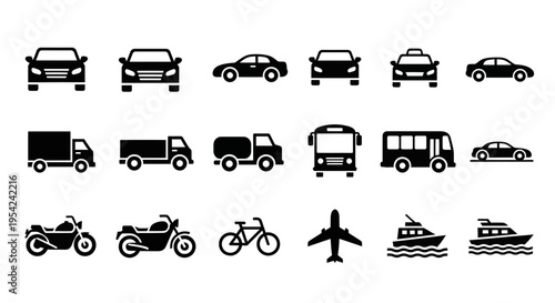 A collection of black silhouette icons representing various modes of transportation