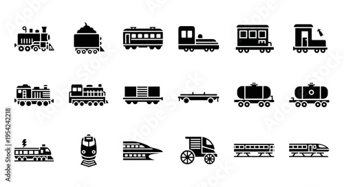 A grid of 16 black silhouette icons depicting various types of trains and railcars