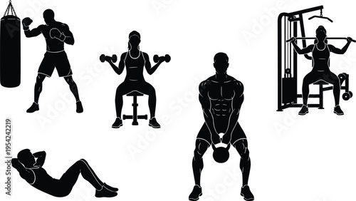 Silhouettes of people performing gym exercises including boxing, dumbbell lifting, lat pulldown, crunches, and kettlebell squat in vector design