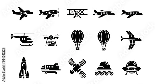 A grid of black silhouette icons depicting various modes of air and space travel