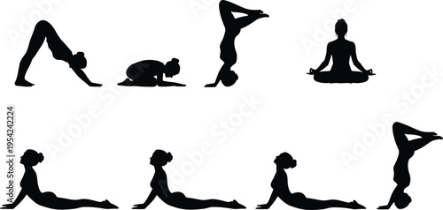 Foto Silhouettes of people performing yoga poses including Downward Dog, Child’s Pose