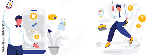A man using a mobile phone and another man swinging on a rope with money and shopping icons around them