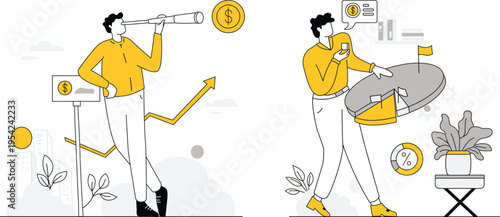 A man looking through a telescope at a coin with a dollar sign on it