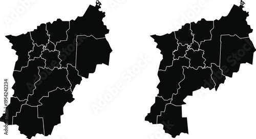 Silhouettes of regional maps with administrative divisions, symbolizing geography, boundaries, districting, and political mapping in vector design