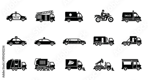 A grid of black silhouette icons depicting various specialized vehicles and a motorcycle
