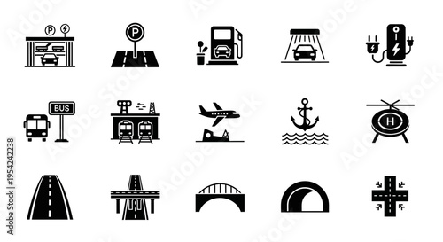 A grid of fifteen black and white transportation and infrastructure icons