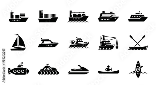 A grid of fifteen black silhouette icons depicting various watercraft and water vehicles
