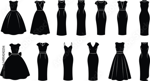 Silhouettes of twelve diverse dress designs including sleeveless, cap sleeves, spaghetti straps, V-necks, belts, bows, and pleats