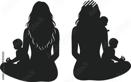 Silhouettes of women sitting cross-legged with babies, symbolizing motherhood, nurturing, and maternal care in artistic vector design