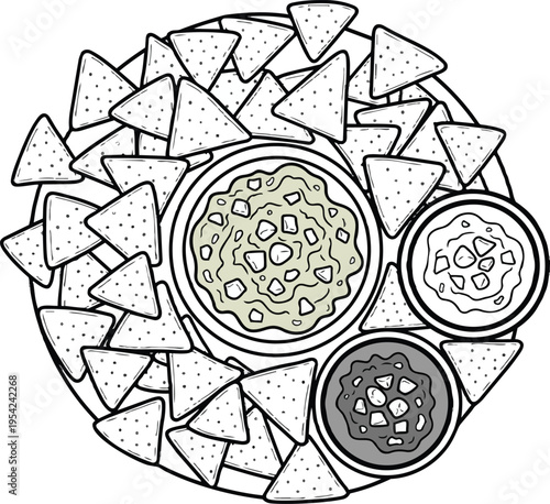 Trio Dip and Nachos: An overhead view showcases a vibrant arrangement of crispy nachos and three delicious dips, inviting viewers to savor the culinary delights.