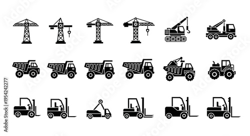 A grid pattern of black and white construction vehicle icons in three rows