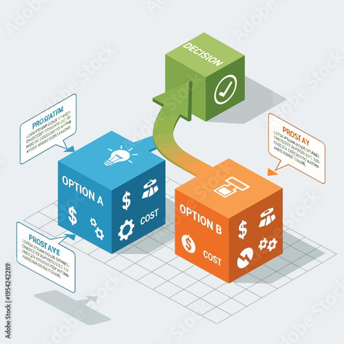 Visual representation of a business decision-making process comparing Option A and Option B, leading to a final decision.