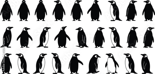 Stylized silhouette vector illustration of multiple penguins in diverse poses highlighting unique postures and distinctive black‑white markings