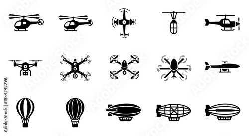 Black and white icons of helicopters drones blimps and hot air balloons