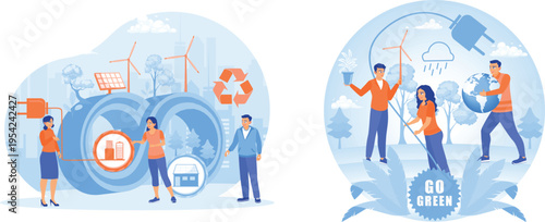 People taking care of the planet with sustainable energy and recycling