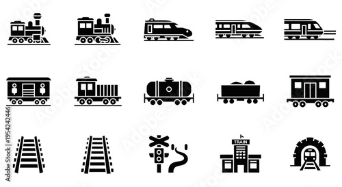 Black silhouette icons of various trains railcars tracks and railway infrastructure