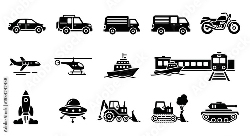 Black silhouette icons of various vehicles and transport modes arranged in three rows