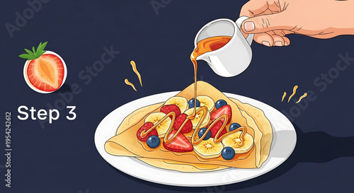 A hand pouring syrup on a delicious crepe with fresh fruits and a strawberry icon on a dark background