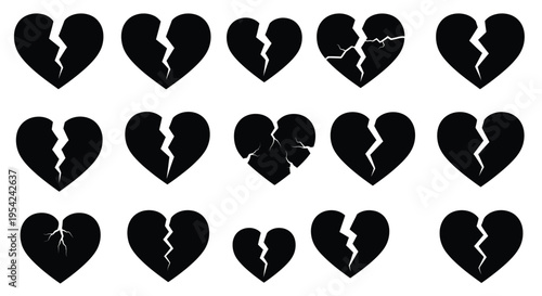 Collection of black silhouettes depicting various stages of broken hearts