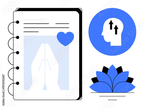 Mindfulness concept. Mindfulness practices ed by prayer hands, growth symbol, and lotus flower. Mindfulness enhancing mental well-being and personal growth. For meditation, wellness apps, therapy