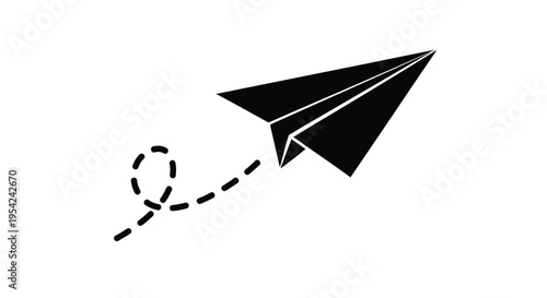 A simple black silhouette of a paper airplane in flight with a dotted trail