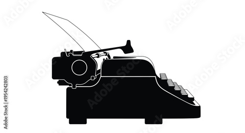 A minimalist black and white illustration of a vintage typewriter