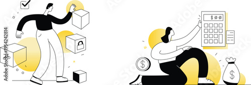 A man and woman are surrounded by boxes and money