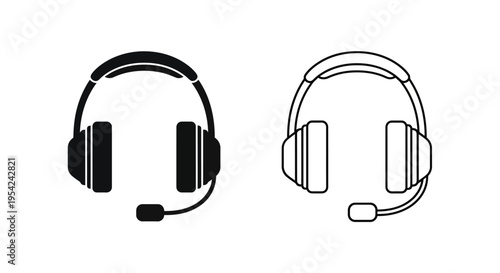 Two outlines of black headphones with attached microphones side by side