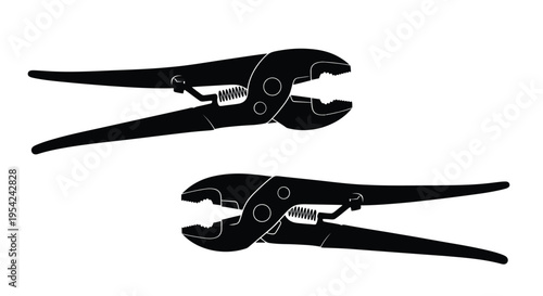 Black and white silhouette of two sets of pliers tools for gripping