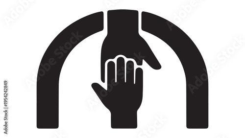 Community support and helping hands icon, minimalist black and white vector illustration for charity or volunteer organization.