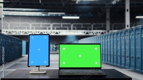 Tableau sur toile Close up of isolated screen tablet and mockup laptop in data center used for checking hardware for system stability