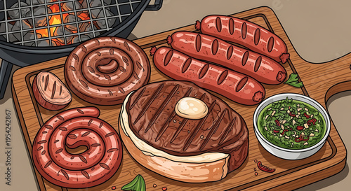 A vibrant vector illustration of a grilled meat platter with sausages and steak on a wooden cutting board