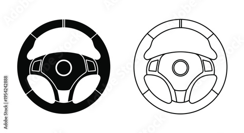 Two steering wheel icons one black and one white displayed side by side