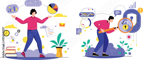 A man juggles graphs while another man examines a padlock with a magnifying glass