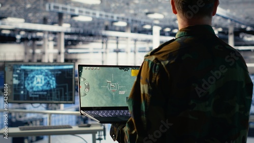 Foto Army specialist in data center integrating AI into radar systems for missile tracking