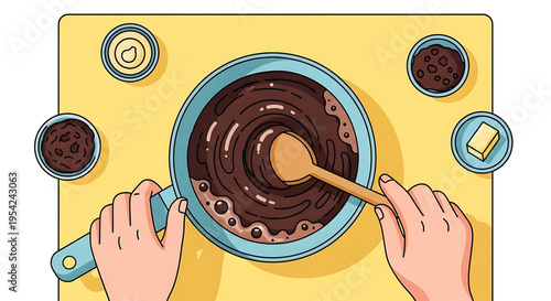A person mixes melted chocolate in a blue pot with a wooden spoon on a yellow table with ingredients.