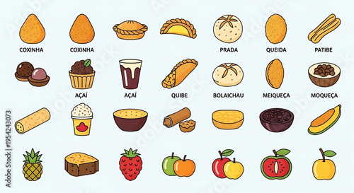 A colorful vector graphic illustration of various Brazilian food icons and desserts