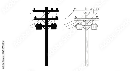 Black and white illustration of utility poles with electrical wires