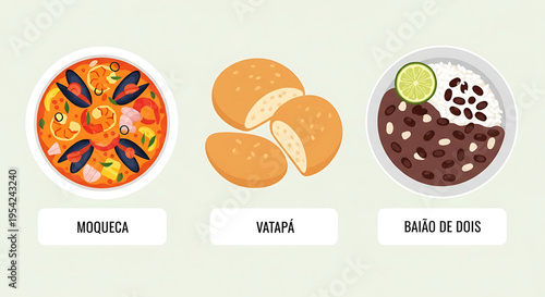 A colorful vector graphic illustration of traditional Brazilian dishes, including Moqueca, Vatapá, and Baião de Dois, depicted in a flat, minimalist style.