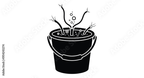 A black and white illustration of a plant submerged in a bucket