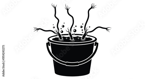 A black and white illustration of withered plants in a bucket