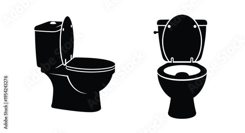 Two black and white silhouettes of modern toilets side by side