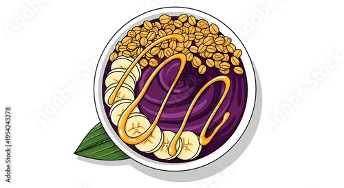 A vibrant illustration of a purple acai bowl with granola, banana slices, and honey, representing a healthy and delicious food option.