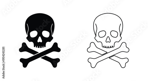 Two skull illustrations one black one white with crossed bones