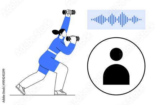 Fitness technology concept. Fitness integrated with technology and user profiles for enhanced health tracking. Fitness supported by audio tools for motivation and progress monitoring. Ideal