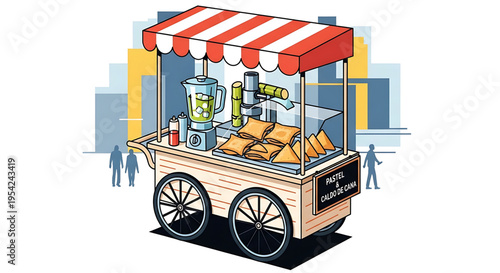 A colorful illustration of a street food cart with a red and white striped awning serving waffles and other treats