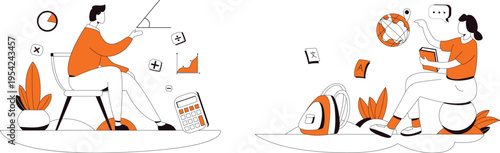 A man and a woman sitting and using a book and a calculator